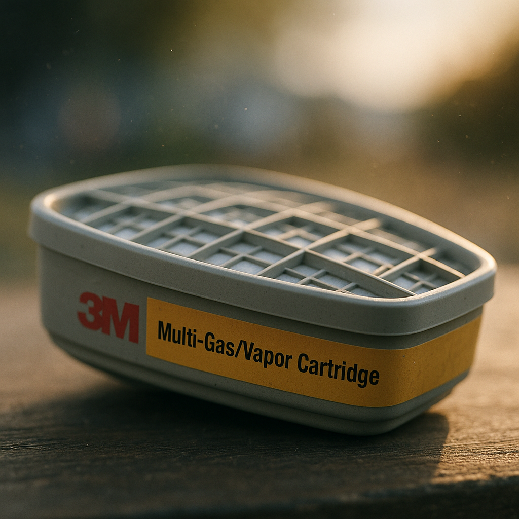 Close-up of a 3M respirator worn on site