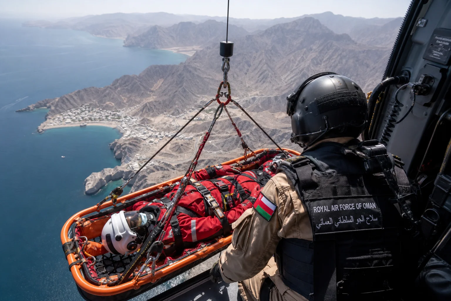Helicopter winch rescue with four-point lifting bridle in Oman Helicopter basket stretcher rescue over Oman desert oil field — Fire Supplies Oman original photography