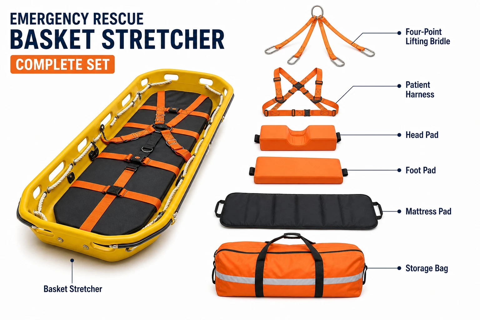 Complete basket stretcher set components infographic Basket stretcher set infographic — lifting bridle, harness, head pad, foot pad and storage bag labelled — Fire Supplies Oman