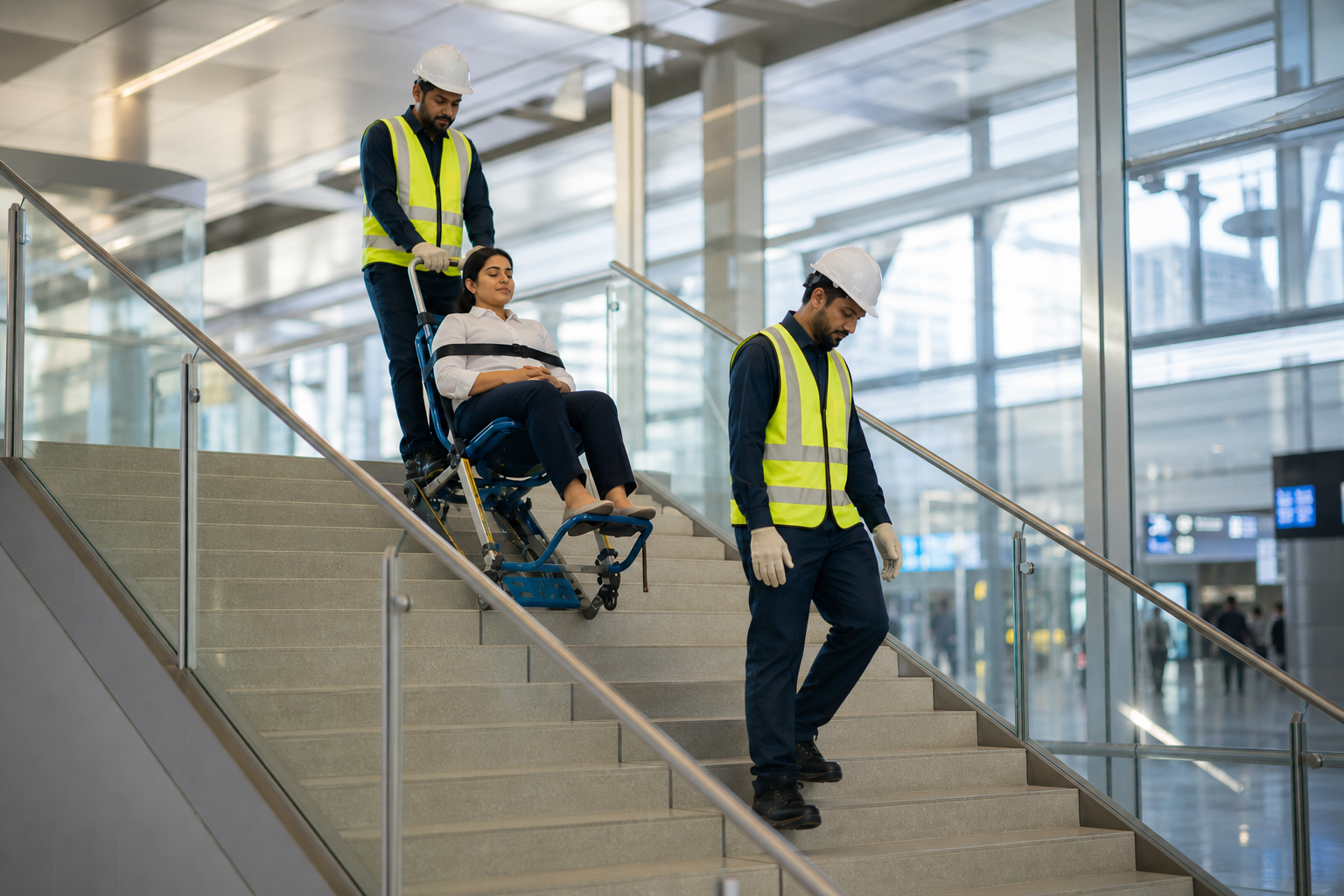 Woman safely evacuated down airport stairs in an evacuation chair during an emergency drill in Oman — Fire Supplies Oman original photography