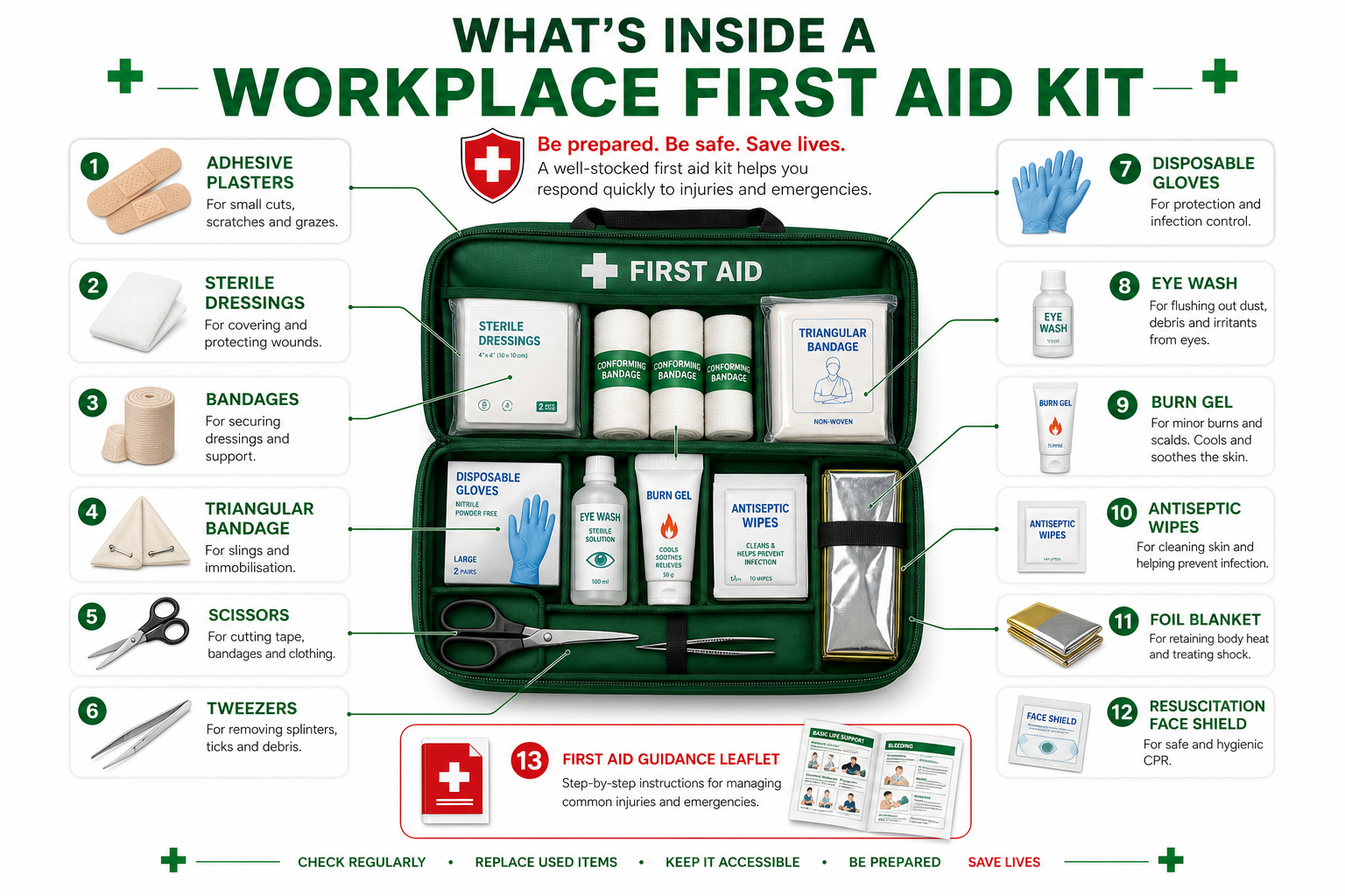 First aid kit contents infographic Oman — original Fire Supplies labelled diagram of workplace kit supplies