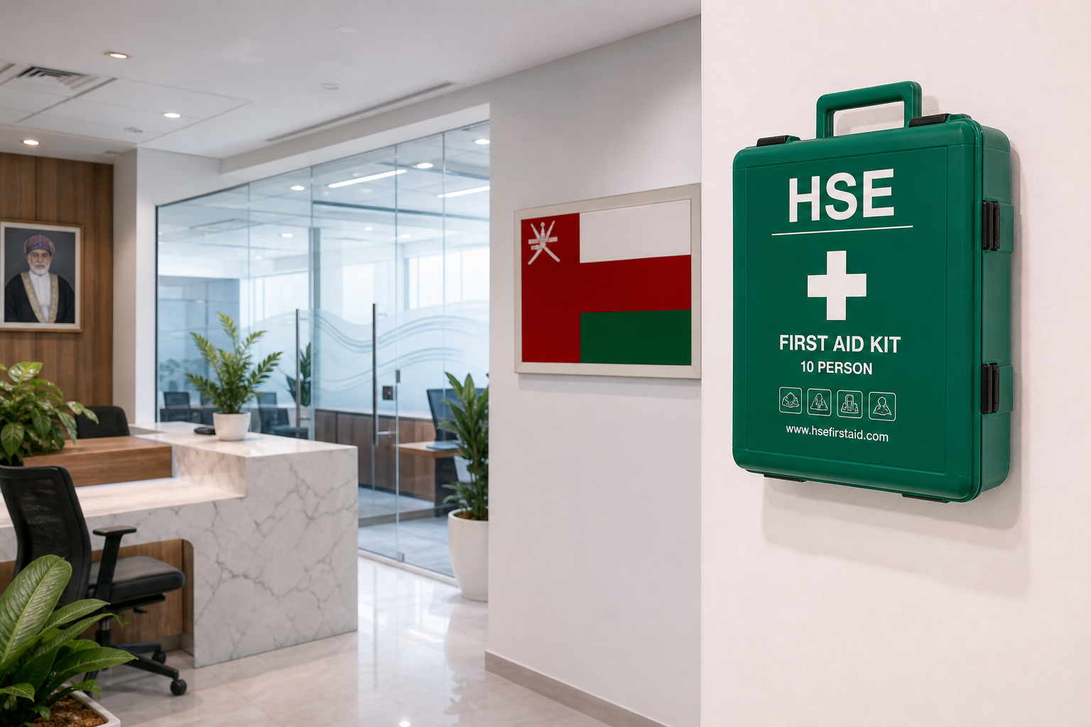 Workplace first aid kit in Oman corporate office — original Fire Supplies Oman photograph