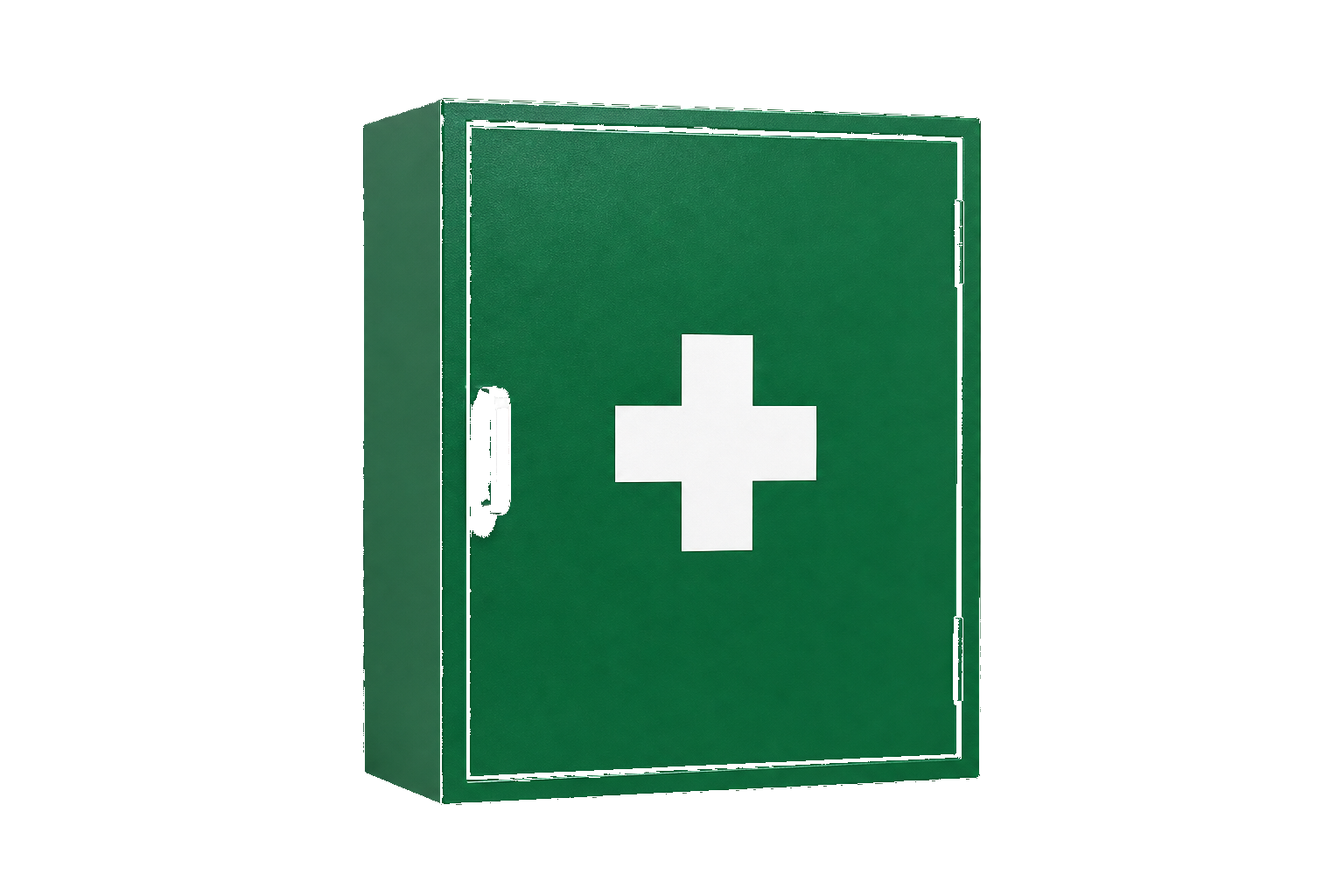 Green HSE wall-mounted first aid box Oman — original Fire Supplies product cutout with white cross symbol