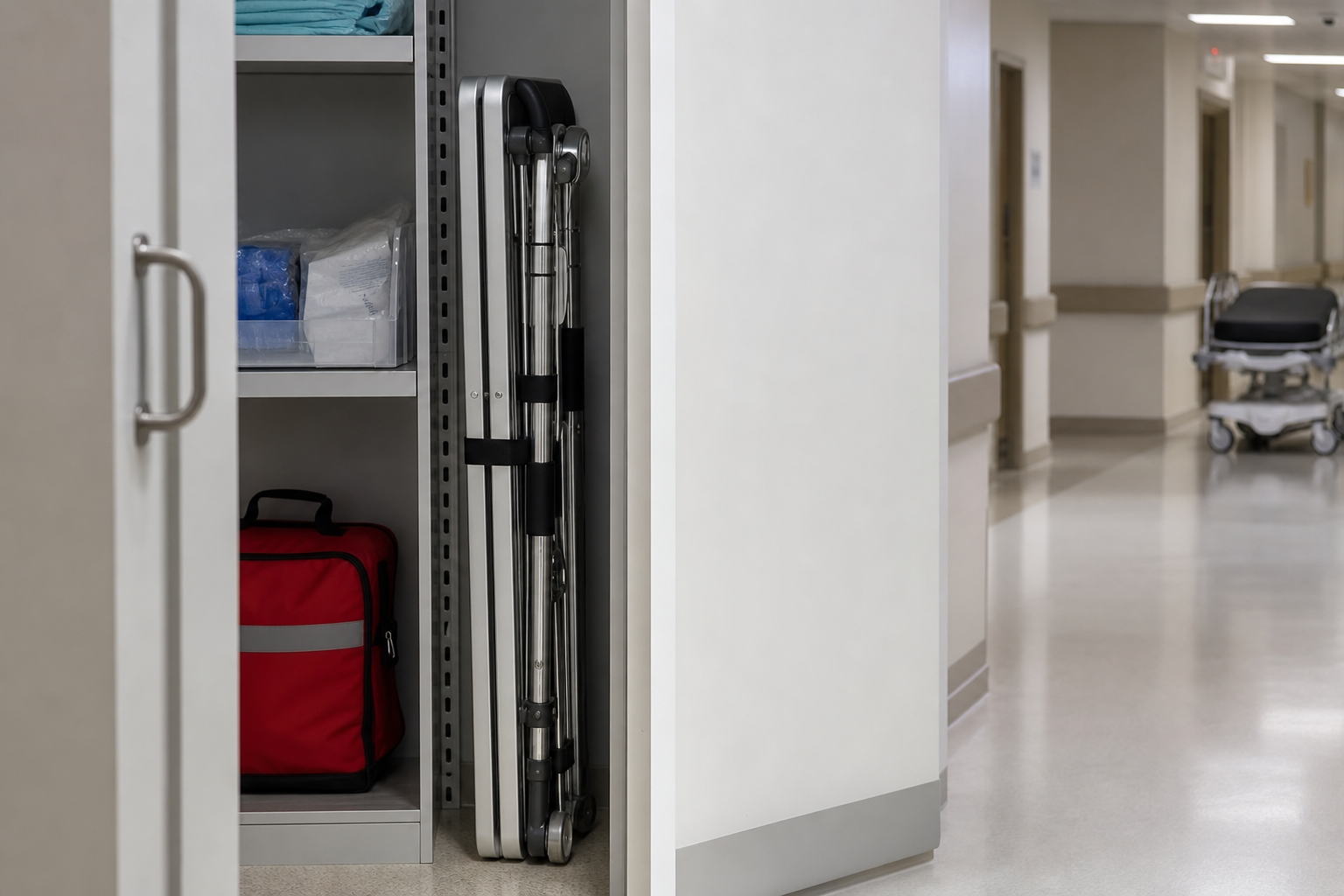 Folded stretcher stored compactly in Oman hospital emergency closet