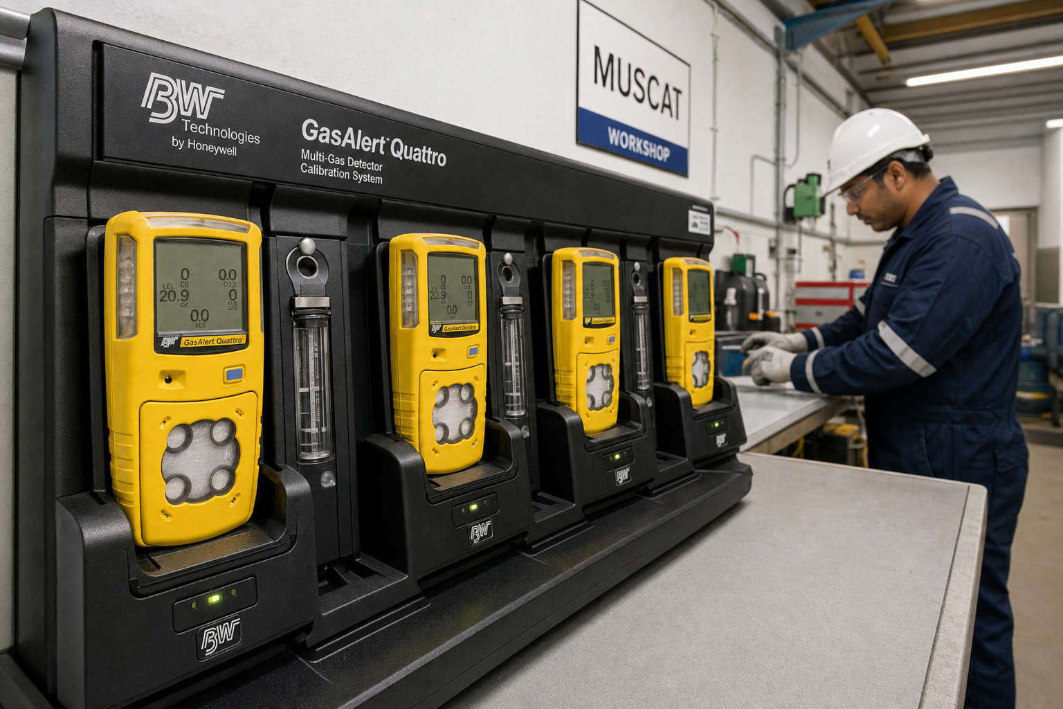 Gas detector MicroDock II calibration station in Muscat workshop — Fire Supplies Oman original photography