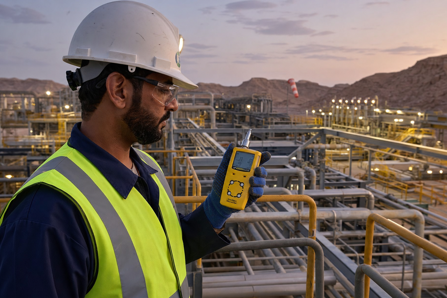 Safety officer checking portable gas detector at Oman oil and gas refinery — Fire Supplies Oman original photography