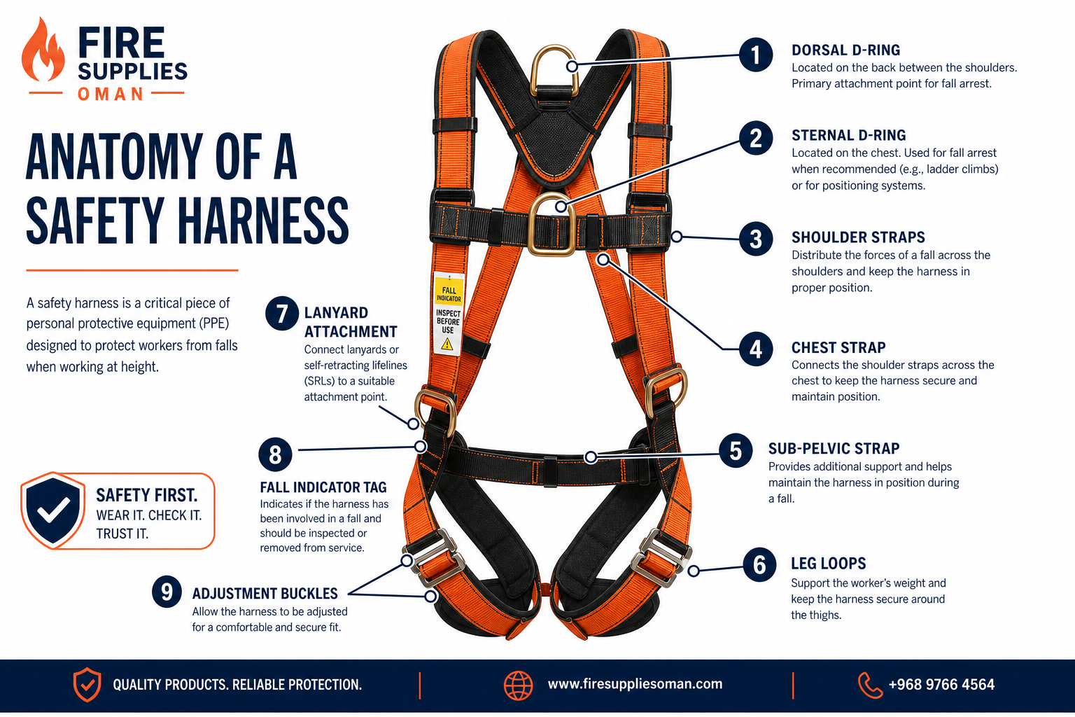Safety harness components infographic Oman — original Fire Supplies labelled diagram of dorsal D-ring, straps, buckles, and leg loops