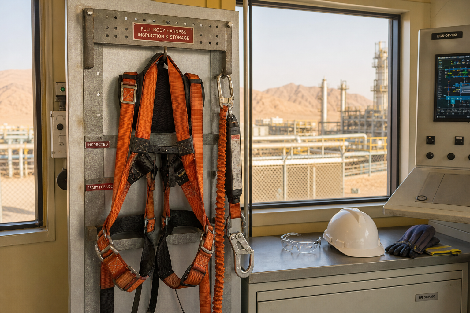 Safety harness at Oman oil and gas facility — original Fire Supplies Oman photograph of fall protection PPE