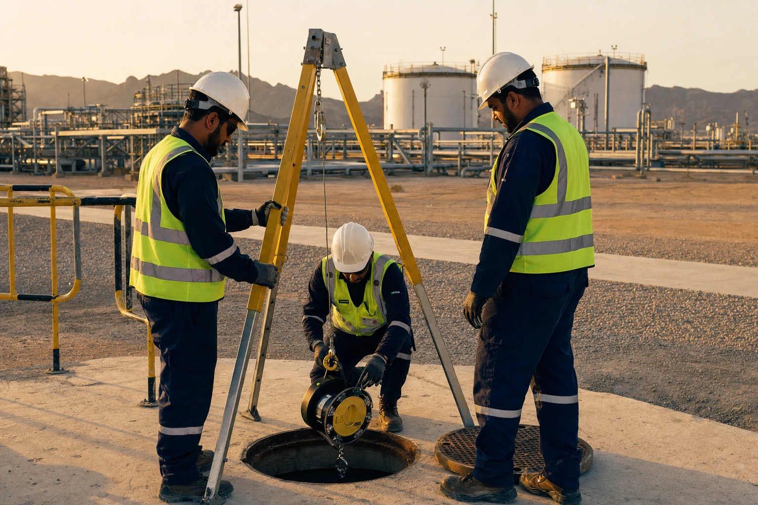 Safety tripod setup at Oman oil and gas confined space manhole entry — Fire Supplies Oman original photography