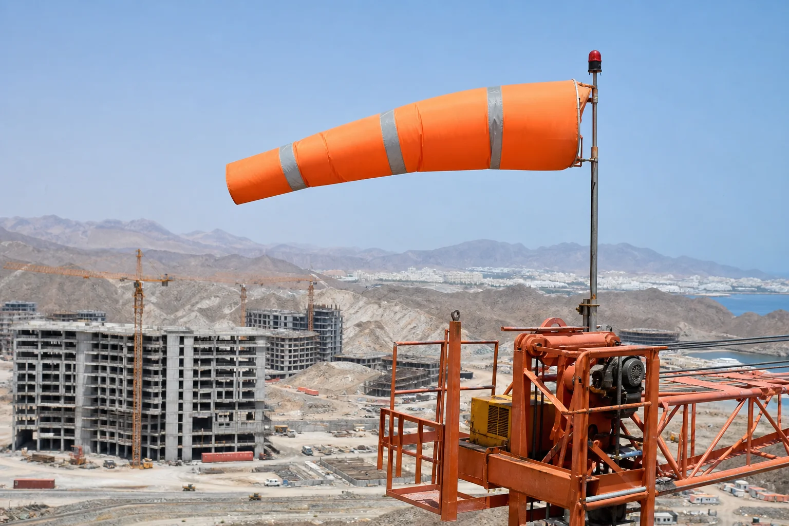 Windsock on Oman high-rise construction crane tower — original Fire Supplies Oman photograph