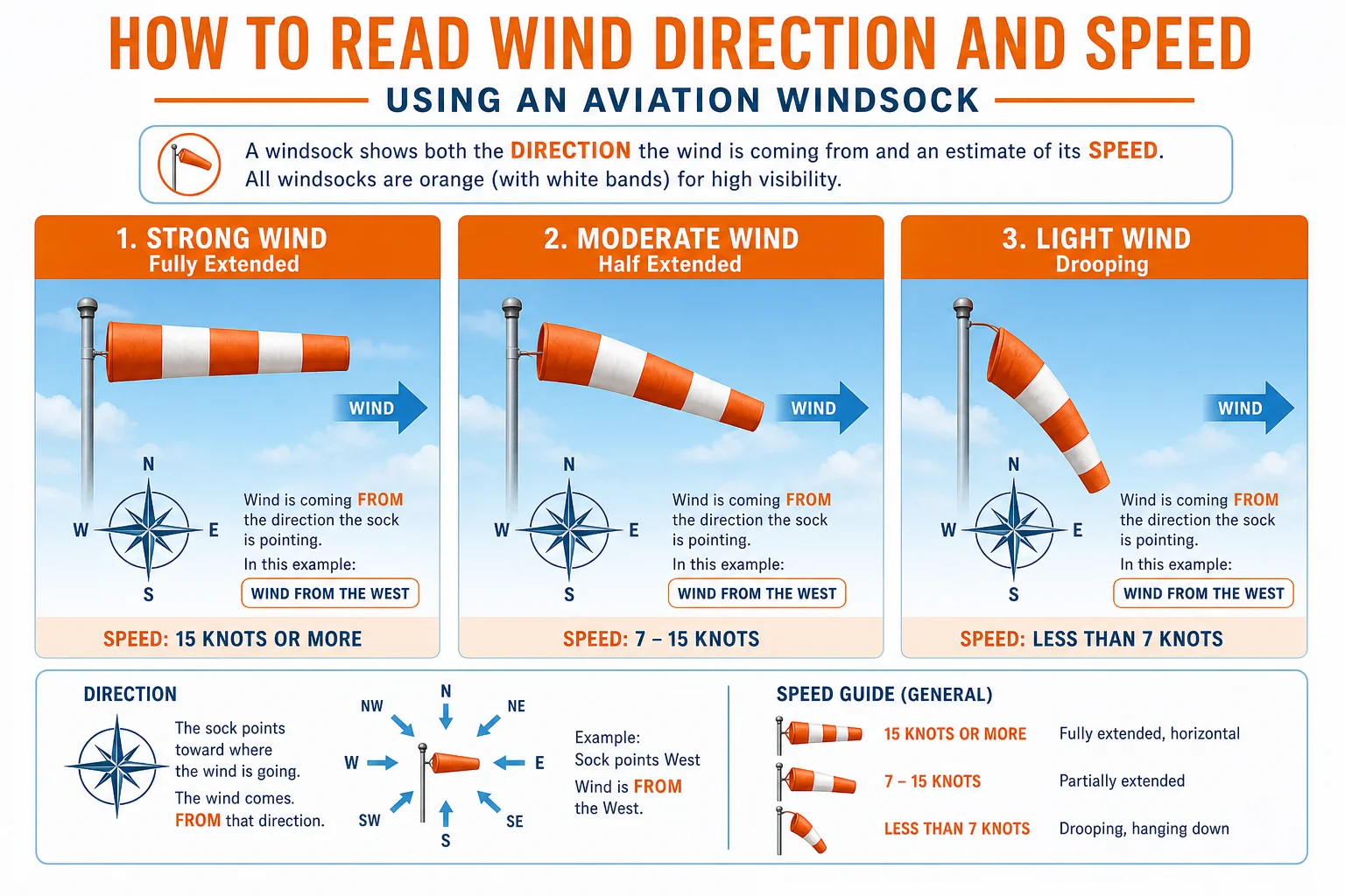 How to read windsock wind speed infographic Oman — original Fire Supplies guide showing full, partial and drooping windsock extension with compass rose